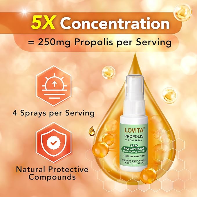 LOVITA Triple Action Immune Bundle - 1 Propolis Drops 1 Throat Spray &amp 1 Echinacea Liquid with Elderberry Alcohol-Free Respiratory Support (3 Pc Set)