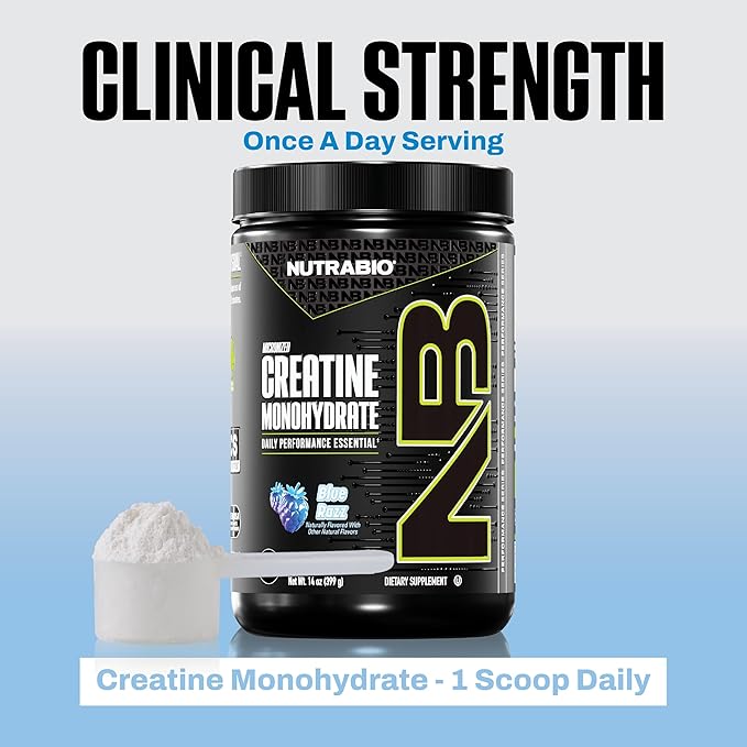 NutraBio Pure Micronized Creatine Monohydrate Powder Supplement Blue Razz (300 g) - Supports Bulk Muscle Energy Recovery and Strength - HPLC Tested Creatine Powder Supplement for Men and Women