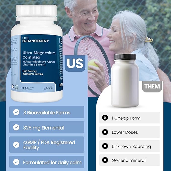 Life Enhancement Ultra Triple Magnesium Complex - 325 mg - with B6 Glycinate Malate &amp Citrate - Magnesium Supplement Enhance Sleep and Brain Function - Made in USA (90 Vegetarian Capsules)