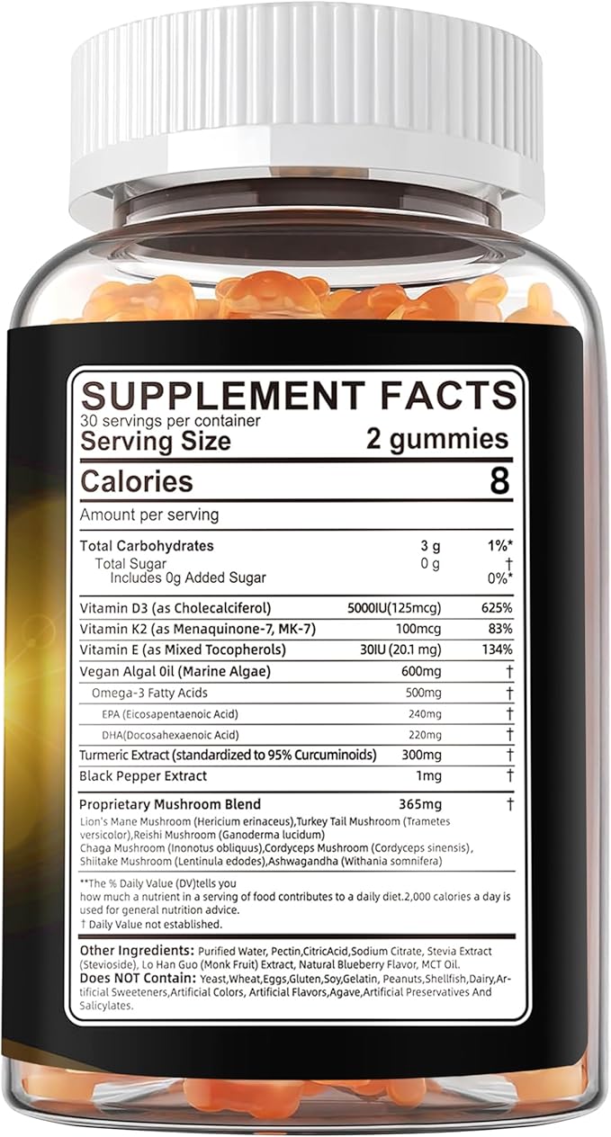 Vitamin D3 5000iu(125mcg) + Vitamin K2(MK7) Gummies with Algae Omega 3 | Maximum Strength Vitamin D3+K2 | for Bone Teeth Energy Immune Calcium Absorption - Vegan Sugar Free60Ct