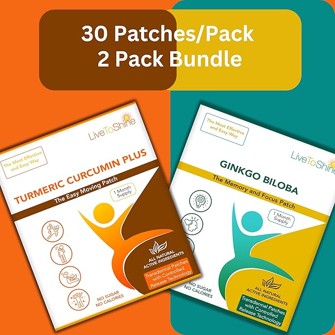 Live To Shine Turmeric Curcumin and Ginkgo Biloba Patch Bundle - 2 Packs - 30 Day Supply Each Pack - USA Made