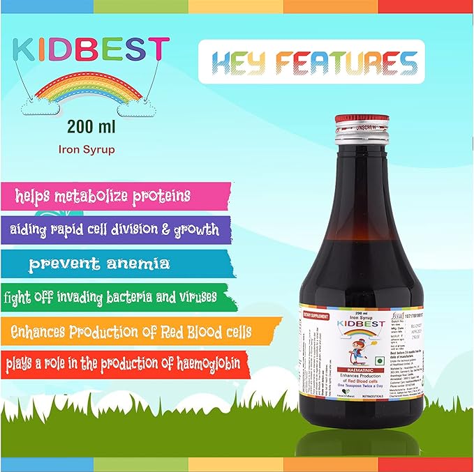 HealthBest Kidbest Iron (Haematinic) Syrup Zinc Folic Acid 200 ML (Pack of 2)
