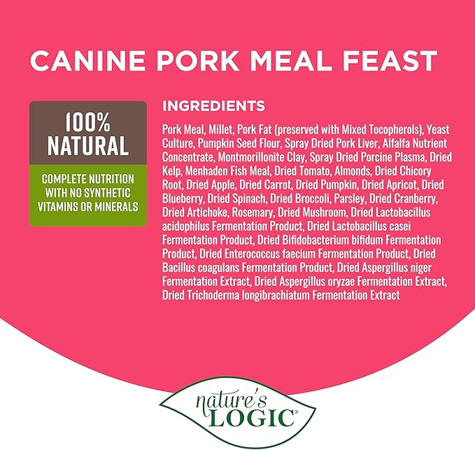 NATURE'S LOGIC Dry Dog Food - 100% Natural - No Synthetics - for All Ages Sizes Breeds - Free from Common Allergens High Protein - Pork Meal Feast 4.4lbs
