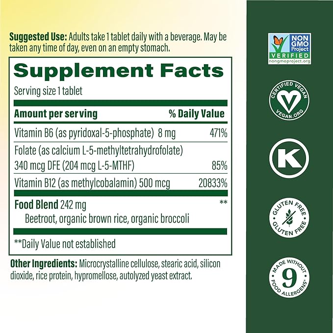 MegaFood Methyl B12 - Vegan - Includes Methyl Folate Vitamin B12 &amp B6 - Supports Cellular Energy Production Nervous System Health &amp Cardiovascular Function - 90 Tablets