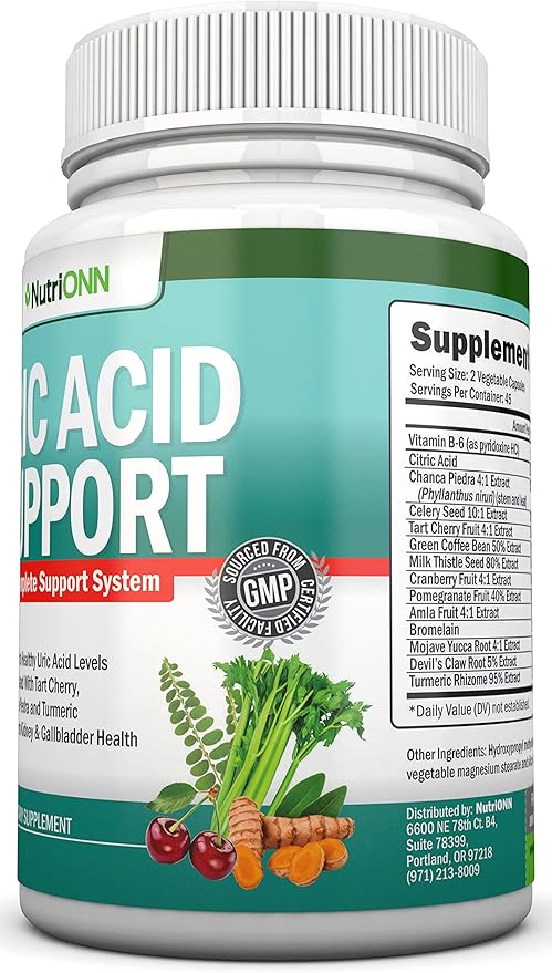 Uric Acid Flush - Herbal Uric Acid Cleanse Supplement - With Tart Cherry Celery Seed Extract Chanca Piedra Devil’s Claw &amp Green Coffee Bean - Vegan - Supports Gallbladder and Kidney Health