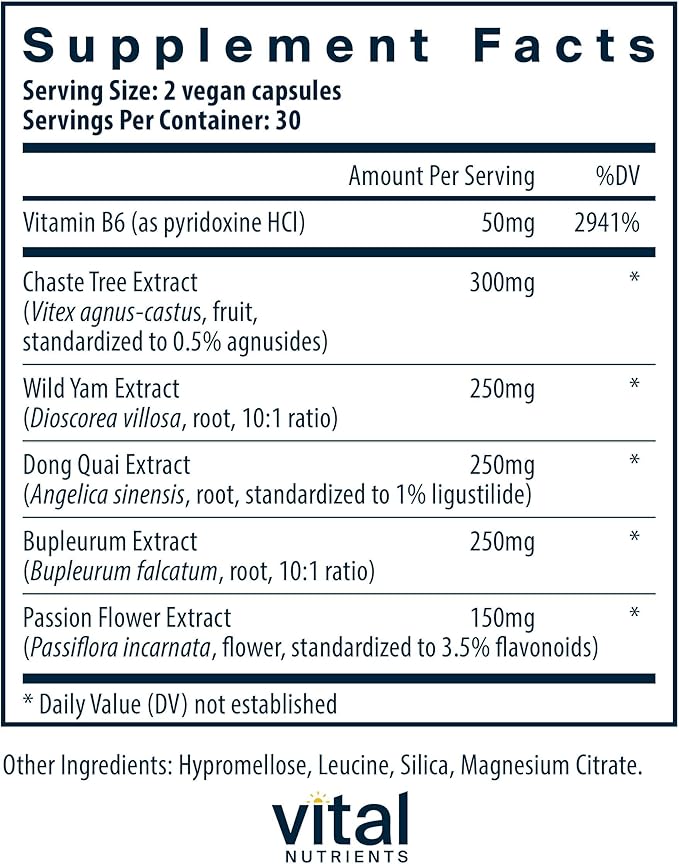 Vital Nutrients PMS Support - Vitex Berry &amp Passionflower Extract for Premenstrual Support &amp Hormone Balance* - Vitamin B6 PMS Supplements - Gluten Dairy Soy Free - Non-GMO - 60 Capsules