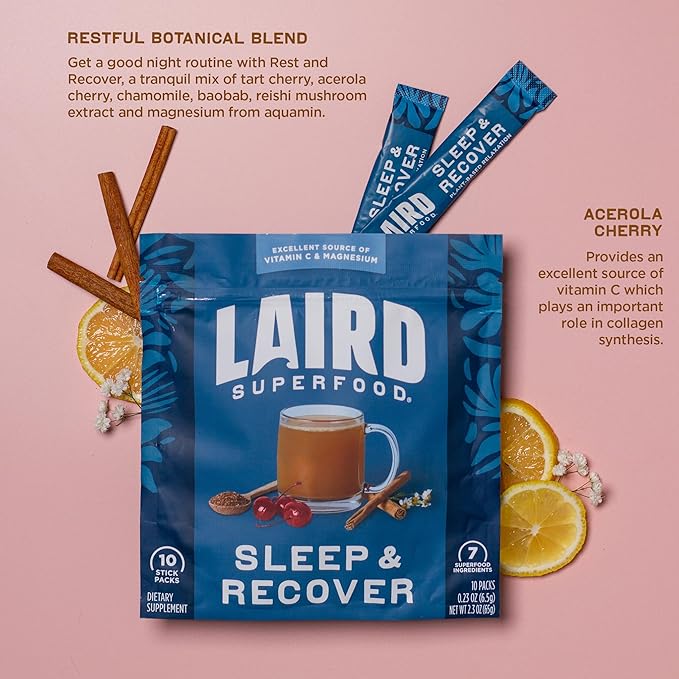 Laird Superfood Sleep &amp Recover Bedtime Powdered Drink Mix Calming Supplement to Support Relaxation and Sleep with Tart Cherry and Chamomile 0.3 Oz Packet Pack of 10
