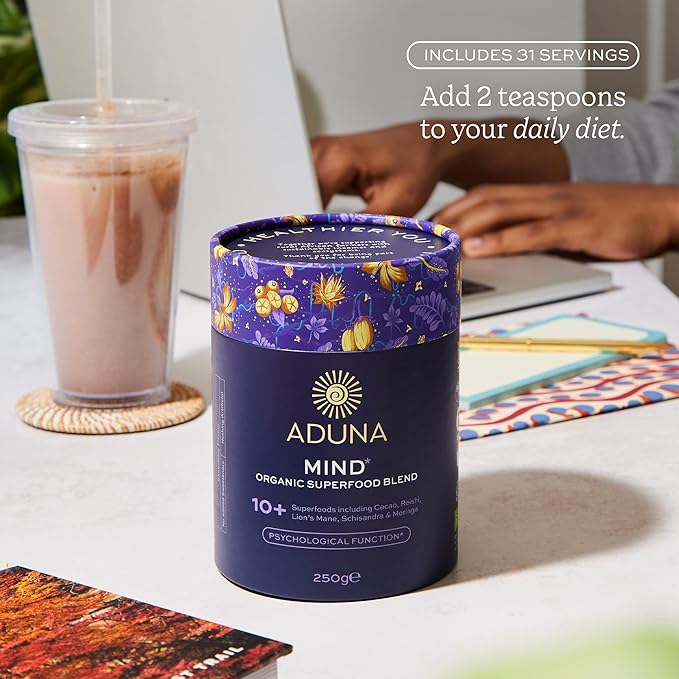 Aduna Organic Mind Superfood Blend | 100% Natural Stir-in Blend With 10+ Superfoods for Focus Calm &amp Mental Clarity | Vegan Powder for Oats Yogurt Shakes Smoothies Drinks &amp Baking | 250g
