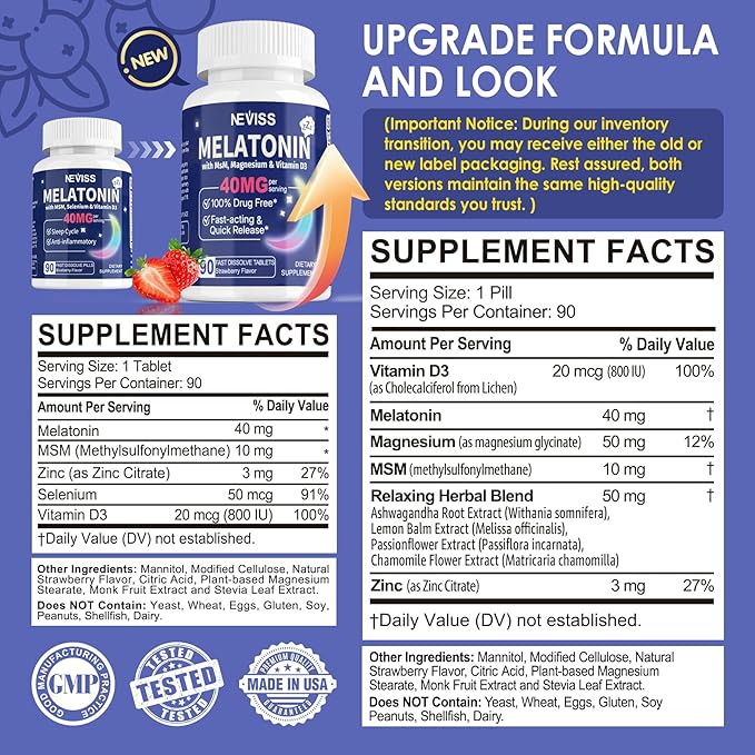 Melatonin 40 mg for Adults - Fast Dissolve &amp Chewable Sublingual Sleep Supplement - Extra Strength Melatonin with Vitamin D3 &amp MSM Selenium for Health Rest Cycle Deep Zzzs Sugar-Free 180 S