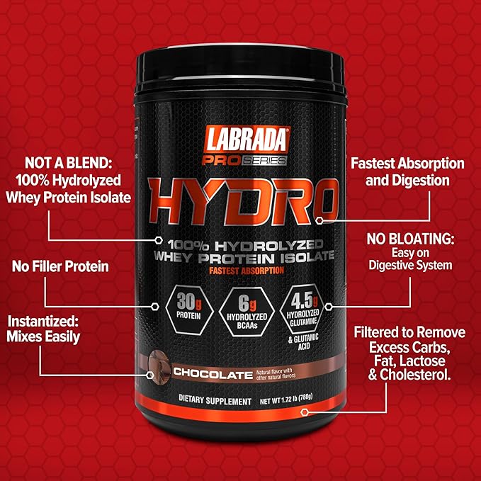 LABRADA Hydro 100% Pure Hydrolyzed Whey Protein Isolate Powder Lactose Free Fastest Digesting Instant MixingDelicious Taste 20 Servings(Chocolate)