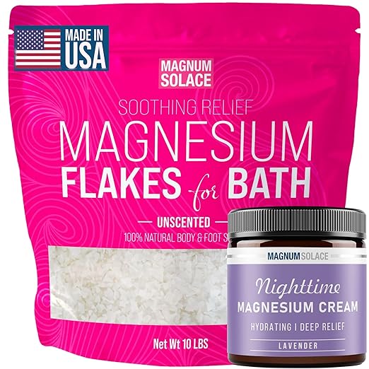 10 LBS Magnesium Flakes for Bath (Unscented) with Nighttime Magnesium Cream - Bundle