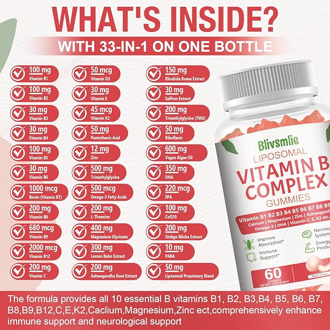 2 Pack 33-in-1 Liposomal Vitamin B Complex Gummies -B1 B2 B3 B4 B5 B6 B7 B8 B9B12 | Vitamin C D3K2|CalciumMagnesiunZinc etc.for Energy BrainImmuneSkin Support &ampHeart Support