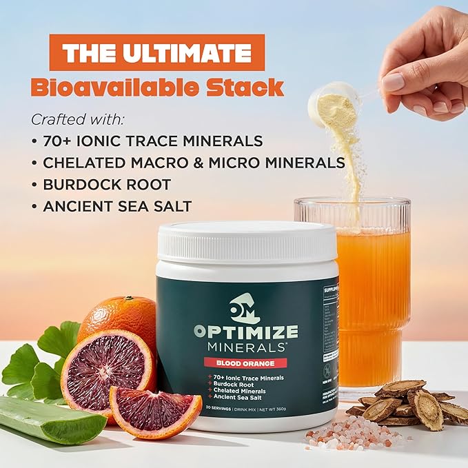 Optimize Minerals Multi Mineral - New Look Same Daily Formula - Magnesium Electrolytes &amp Trace Mineral Supplement Powder - Gluten Free Vitamins Drink for Optimal Wellness - Blood Orange 30 Servi