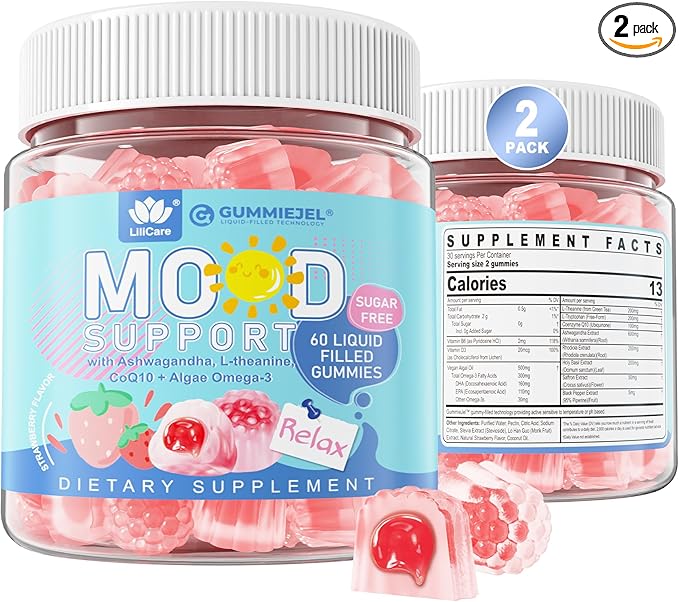Sugar Free Ashwagandha Mood Support Filled Gummies for Women Men Calm Gummy with Vitamin D3 B6 Vegan Omega 3 L-Theanine CoQ10 &amp Rhodiola Rosea Natural Relax Calming Supplement Vegan 120Cts