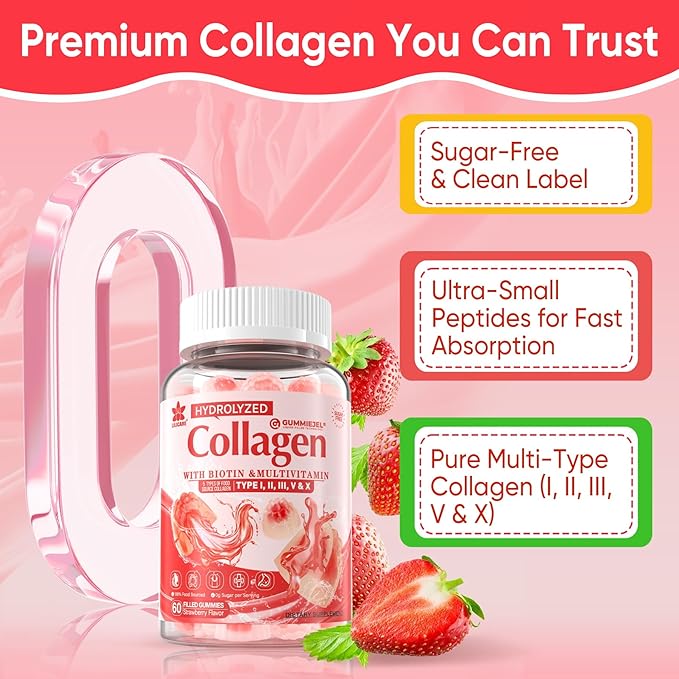 Collagen Peptide Gummies for Women &amp Men Sugar-Free Multi Collagen Hydrolyzed w/ 1500mg Protein Type IIIIIIVX 5000mcg Biotin Methylated B12 Vitamin C A E D3 B6 for Skin Hair Nails Bone 6