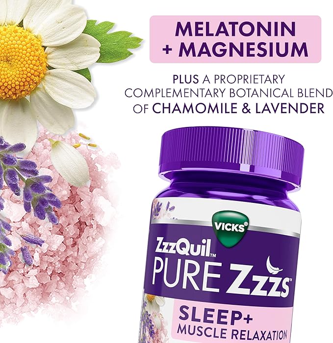 ZzzQuil Pure Zzzs Muscle Relaxation Melatonin Sleep Aid GummiesSupports Muscle FunctionHelps You Fall Asleep NaturallyFastMelatonin + MagnesiumNo Next-Day GrogginessDrug-Free60ct(Pack of 2)