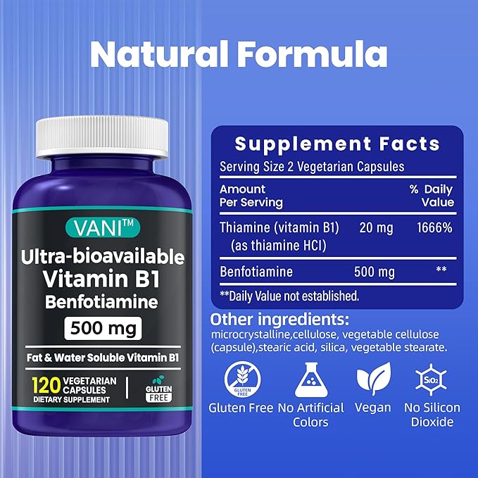 2 in 1 Enhanced Formula: Vitamin B1 with Benfotiamine 500mg Fat Soluable Supplement of Vitamin B-1 500 mg - 120 Capsules (3)