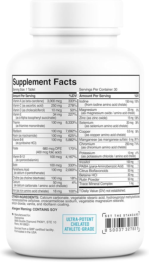 Swolverine Multivitamin for Men &amp Women – High-Potency Daily Multivitamin with B-Complex Chelated Minerals &amp Antioxidants Supports Energy Circulatory System Metabolism Immunity &amp Acti