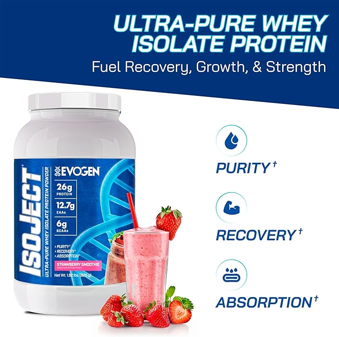Evogen Isoject - Whey Protein Isolate | Ultra-Pure Whey Protein Powder with Ignitor Enzymes BCAAs and EAAs | Enhanced Absorption &amp Recovery | Strawberry Smoothie | 25 Servings