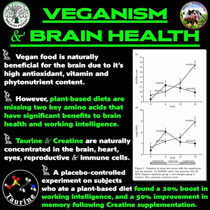 Vegan Brain &amp Body Boost: The Cherry On Top of A Plant-Based Lifestyle | Working Intelligence | Anti-Aging | Physical Fitness | Vegan Amino Acids - Creatine Taurine &amp Beta Alanine | 67 Servin
