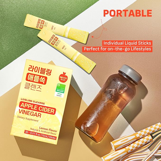 [LIVELING] Apple Cider Vinegar Duo Pack Natural Cleanse with Premium Nutritional Ingredients pH Balance Zero Sugar Easy Cut &amp Easy Mix (60 Sticks)