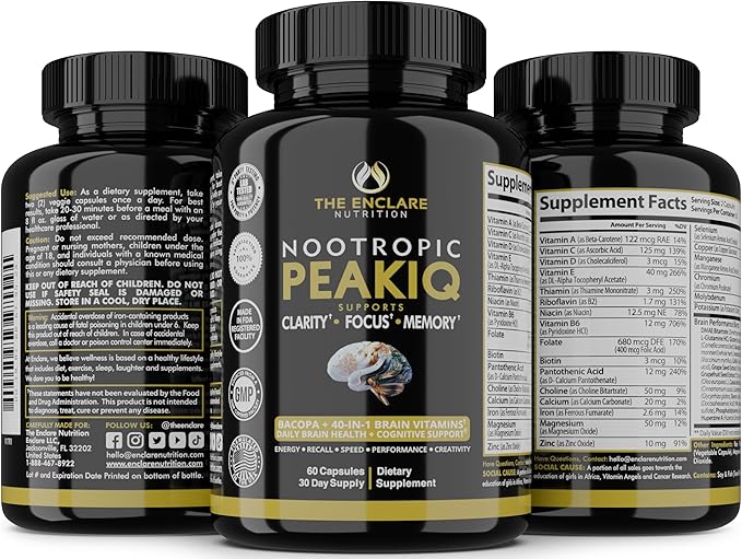 Nootropic Brain Booster Focus Supplement Clarity Memory Brain Vitamins With 40 Nootropics Phosphatidylserine Bacopa Monnieri Huperzine A DMAE Inositol L-Glutamine Selenium Choline DHA (1)