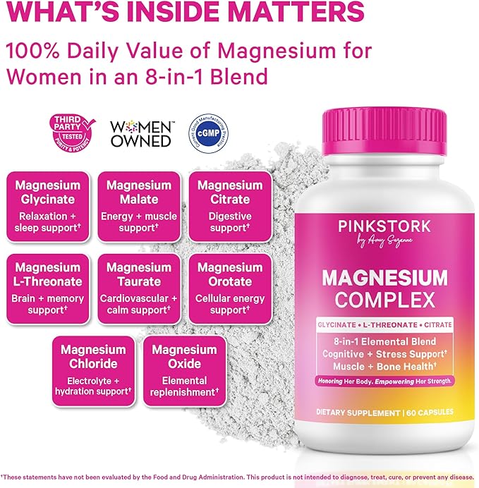 Pink Stork Magnesium Complex for Women - 8 Forms Including Glycinate Malate Citrate &amp L-Threonate - Stress Sleep Muscle &amp Hormone Support - 400 mg Elemental Magnesium - 60 Vegan Capsules