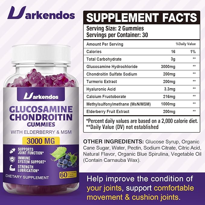 2 Packs 3000MG Glucosamine Chondroitin Gummies with MSM &amp Elderberry Extra Strength - Joint Support Antioxidant Immune Support Supplement for Adults Men &amp Women - 120 Blueberry Gummies