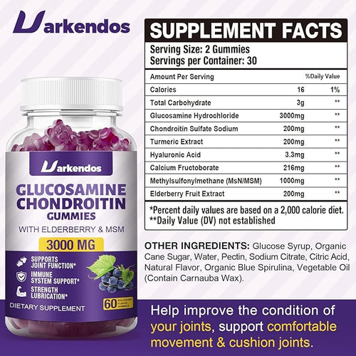 2 Packs 3000MG Glucosamine Chondroitin Gummies with MSM &amp Elderberry Extra Strength - Joint Support Antioxidant Immune Support Supplement for Adults Men &amp Women - 120 Blueberry Gummies