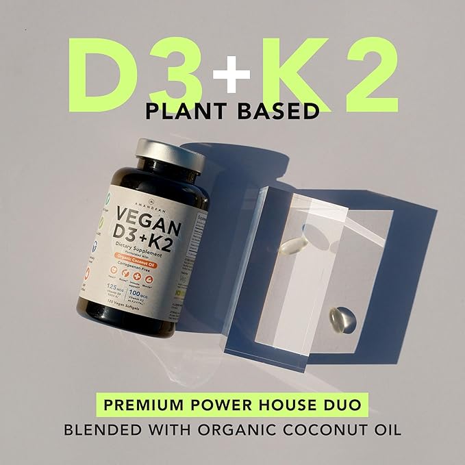 AMANDEAN Vitamin D3 K2. Vegan &amp Plant-Based 5000iu VIT D from Algae. All-Trans MK-7 K2Vital. 120 Softgels. Carrageenan Free. Organic Coconut Oil Blend. for Mood Bones Heart Immune Health.