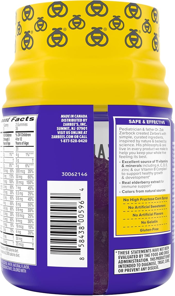 Zarbee’s Complete Kids Multivitamin Gummies + Immune Support Berry Flavor Honey-Sweetened Gluten-Free &amp Gelatin-Free Vitamins A C D3 E B6 B12 Folic Acid &amp B-Complex 70 Count