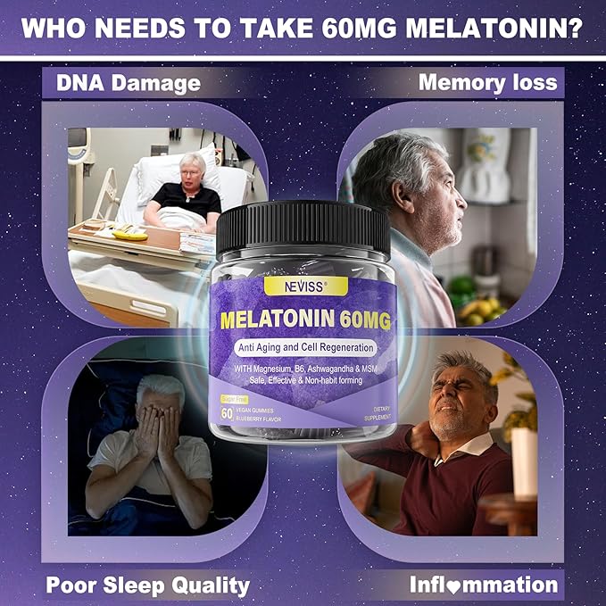 Antioxidant &amp Brain Support Melatonin 60mg 30mg for 50+ Adults | High Dose Melatonin for Anti-Aging &amp Immune | Extra Strength Melatonin Gummies with B6 Ashwagandha Magnesium MSM - 120 Gummi