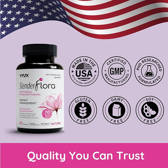 SlenderFlora - Menopause Probiotic Supplement | Weight Management Hot Flashes Night Sweats Bloating | 70 Billion CFU | Gluten Soy &amp Dairy Free | 60 Ct Pack of 3