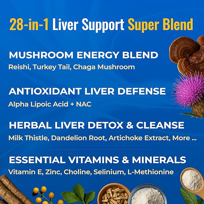Liver Cleanse Detox &amp Repair – 28-in-1 Liver Support - Milk Thistle Dandelion NAC Alpha Lipoic Acid Artichoke &amp Reishi Chaga Turkey Tail Mushroom – Active Liver Health Supplement 1540mg (60 C