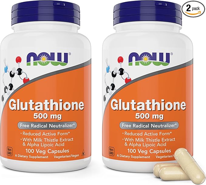 Now Glutathione 500 mg 100 Vegan Capsules (Pack of 2) - Reduced Form GSH Supplement - Enhanced with Milk Thistle Extract and Alpha Lipoic Acid