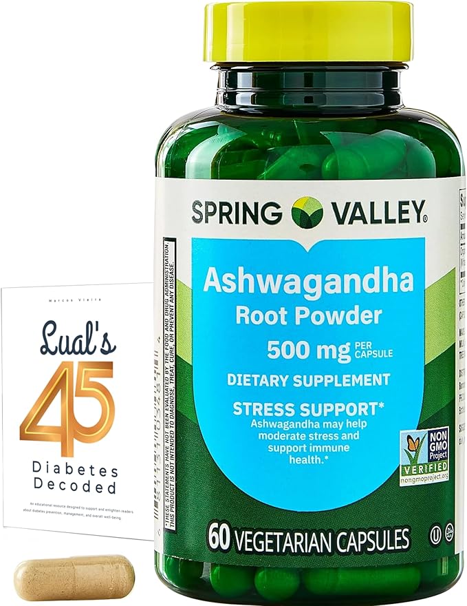 Ashwagandha Root Powder Capsules 500mg from Spring Valley - Natural Stress Relief &amp Energy Support Supplement 60 Count with Luall’s 45 Diabetes Decoded