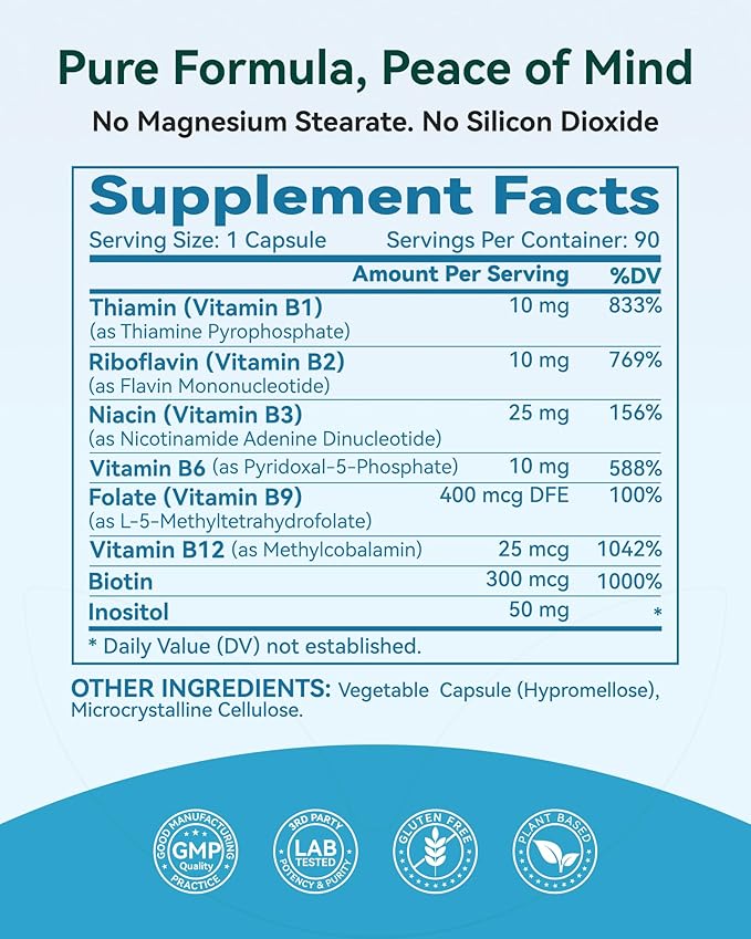 Vitamin B Complex - Fully Methylated Active B12 B6 Folate - for Energy Focus Mood &amp Nerve Health - Non-GMO Vegan Gluten-Free with B1 B2 B3 B5 B7-90 Capsules for 3 Months