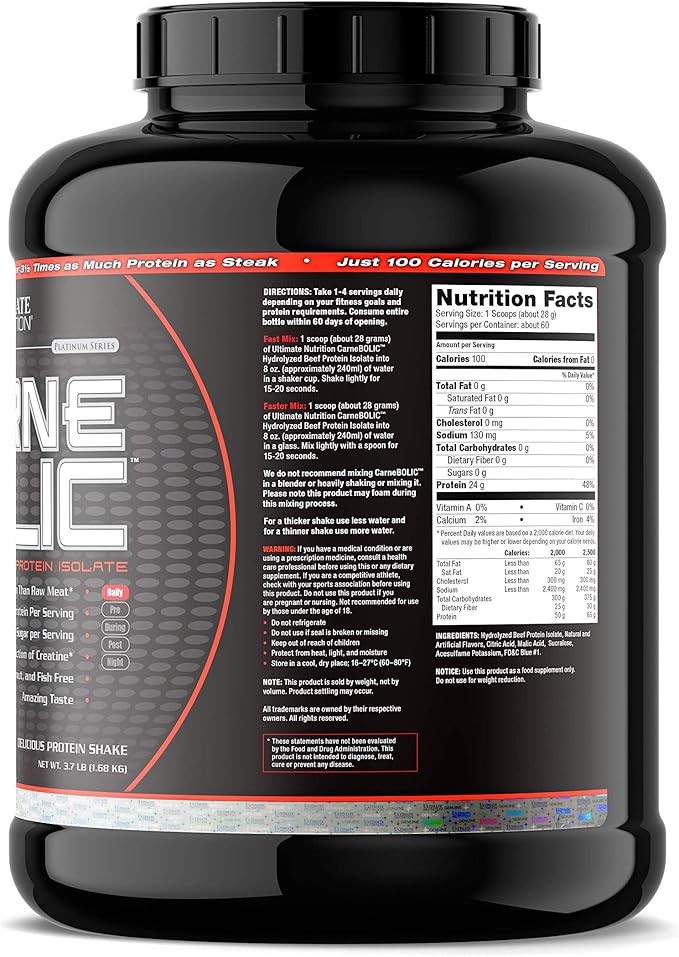 Ultimate Nutrition Carnebolic Hydrolyzed Beef Protein Isolate Powder-Paleo and Keto Friendly-Zero Carbs Zero Fat Zero Sugar or Soy Gluten and Lactose-Free Blue Raspberry 60 Servings