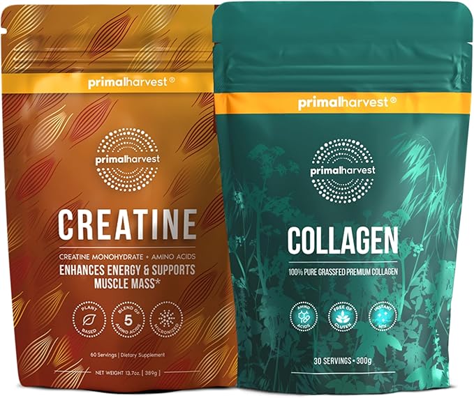 Primal Creatine Powder + Collagen Powder Bundle | 2-Pack | Muscle Recovery Strength and Performance| Unflavored 30 Servings Each