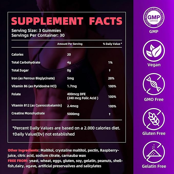 Creatine Monohydrate Gummies 5000mg w/Iron Vitamin B6 &amp B12 Sugar Free 5g Creatine Supplements for Women and Men Boost Energy &amp Muscle Recovery - 90 Raspberry Gummies