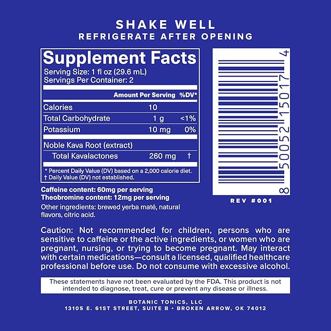 Botanic Tonics feel free Kava Mate - Natural Energy with Kava Root and Yerba Mate - Mood Boost &amp Sustained Energy - Improved Flavor - Pack of 12 (24 Servings)