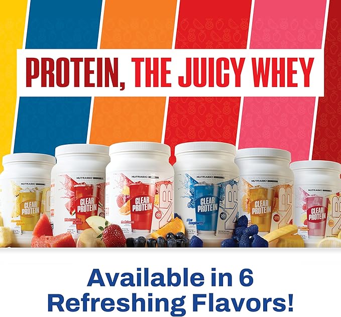 NutraBio Clear Protein Powder Blue Raspberry - 20 Servings 20g Clear Whey Protein Isolate 0 Sugar 0g Lactose Refreshing Fruit Flavors GLP1 Support - Bone Health - Muscle Post Workout Recovery