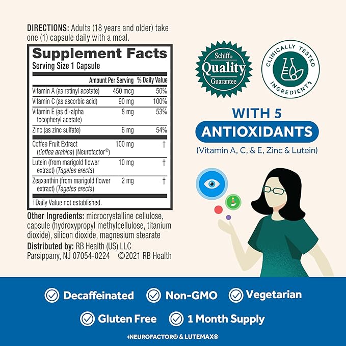 NEURIVA Brain + Eye Supplement for Memory Focus &amp Concentration with Lutein &amp Vitamins A C E and Zinc for Eye Health &amp Zeaxanthin to Filter Blue Light 30ct Capsules (Pack of 2)
