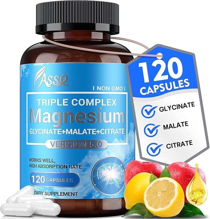 ASSR Triple Magnesium Complex – 300mg Magnesium Supplement with Glycinate Malate &amp Citrate – Supports Relaxation Muscle &amp Nerve Function – High Absorption Vegan Non-GMO 120 Capsules