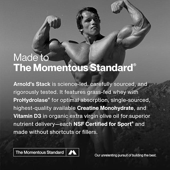 Momentous Arnold's Stack - Creatine Monohydrate Powder Essential Grass-Fed Whey Protein Powder (Strawberry) &amp Vitamin D3 (2000 IU) - Daily Fundamentals to Support Muscle Strength &amp Longevity