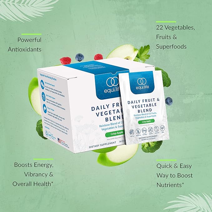 Equilife Daily Fruit &amp Vegetable Blend Superfood Antioxidant Supplement Crisp Apple Flavor with Vitamin C Fiber and 9 Essential Amino Acids Supports Energy Vegan 14 Single Serve Packets