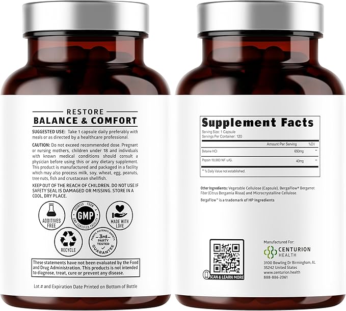 Number One Nutrition Premium Betaine Hydrochloride Enzymes Supplement with Pepsin Helps Support Protein Breakdown and Nutrient Absorption 120 Caps