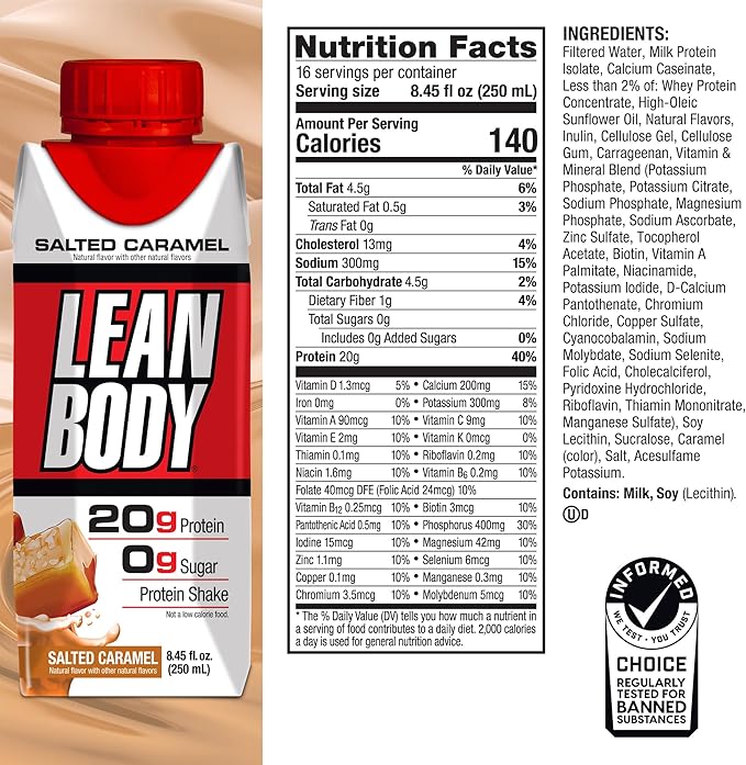 LABRADA NUTRITION - Lean Body RTD Whey Protein Shake Convenient On-The-Go Meal Replacement Shake for Men &amp Women 20 grams of Protein – Zero Sugar Lactose &amp Gluten Free Salted Caramel (Pack