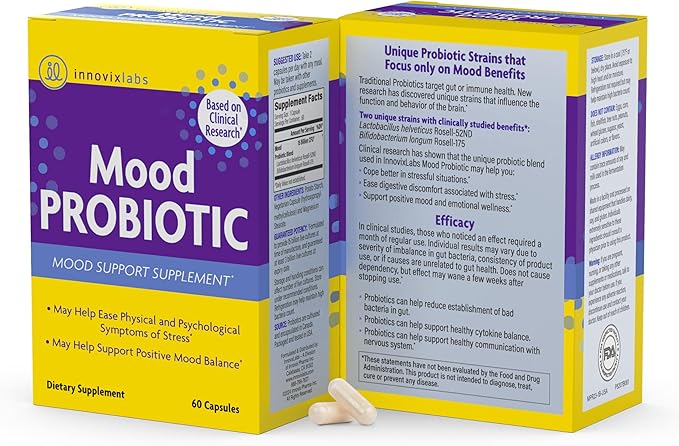 InnovixLabs Mood Probiotic for Women &amp Men Clinically Studied Digestive &amp Mood Support Supplement Lactobacillus helveticus Rosell-52ND &amp Bifidobacterium longum Rosell-175 60 Capsules