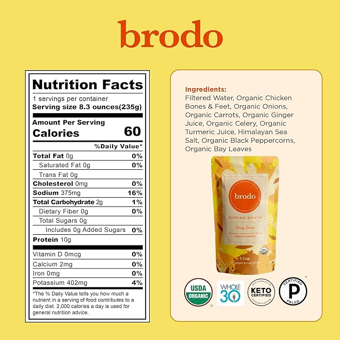 Brodo Broth Collagen Variety Pack Ginger &amp Turmeric Rosemary &amp Lemon Coconut Curry &amp lime Chicken Broth Hearth Broth Roasted Garlic and Chili No Preservatives Collagen 8 oz (Pack of